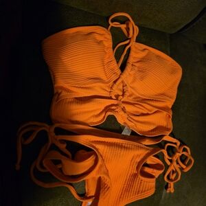 Bright Orange Ribbed Bikini Set - Tie Sides, Padded Top